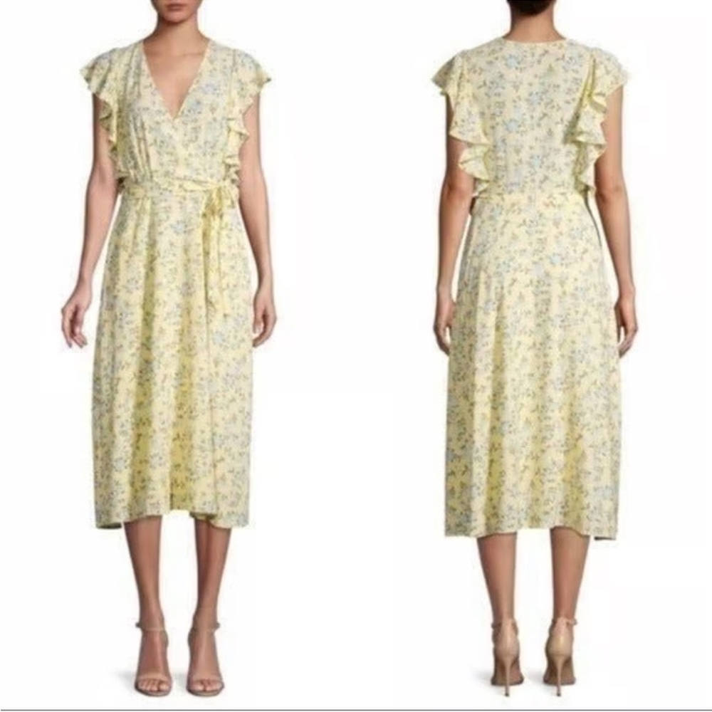 Yellow and blue floral cottagecore midi dress with flutter sleeve and pockets